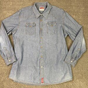 Wrangler Pearl Snap Chambray Shirt Men's XL Blue Denim Chore Western